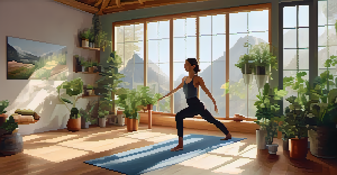 A person practicing Mountain Pose in a peaceful yoga studio filled with natural light and plants.