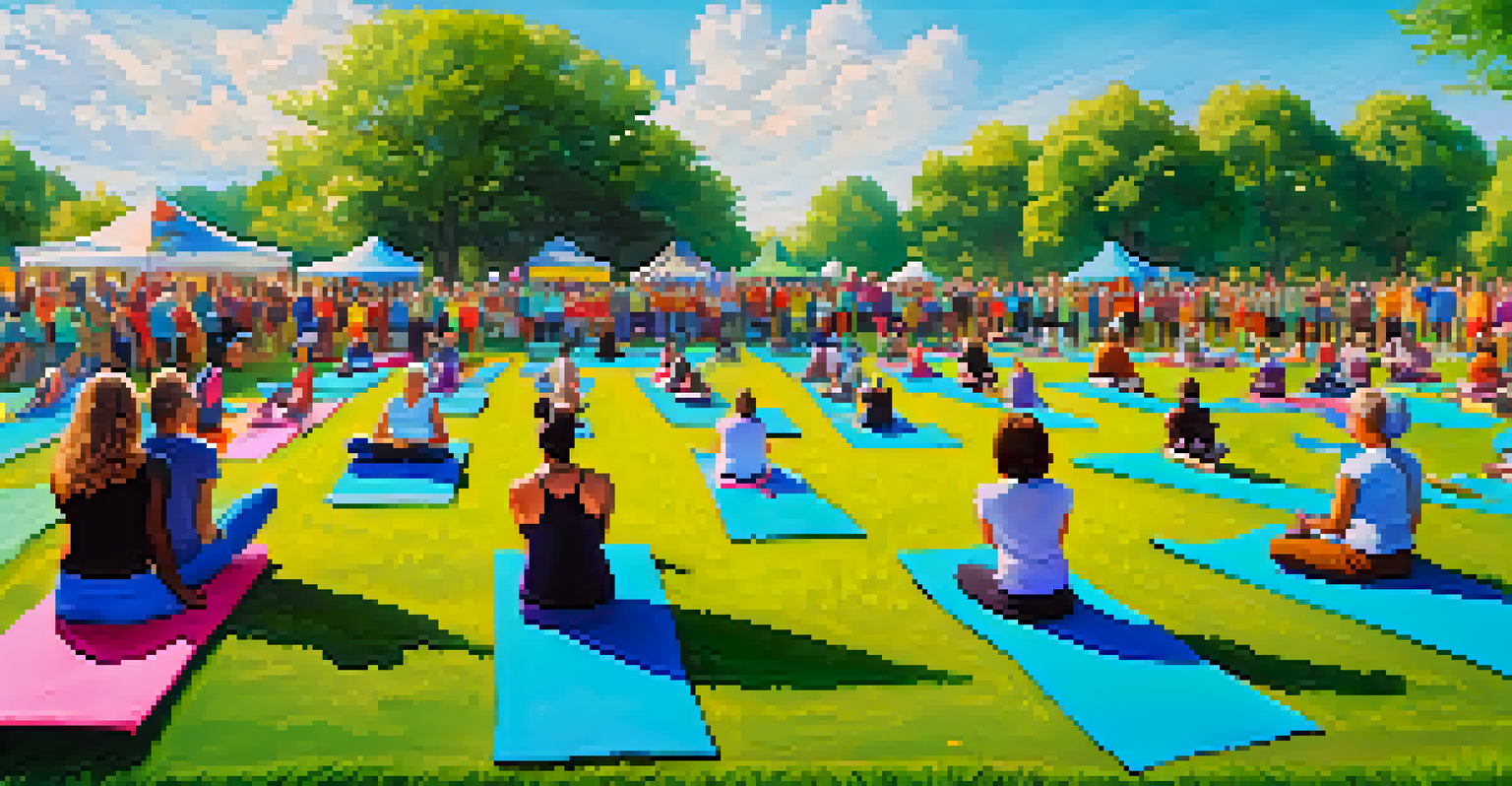 A lively community yoga event in a park with a diverse group of practitioners practicing together under a bright blue sky.