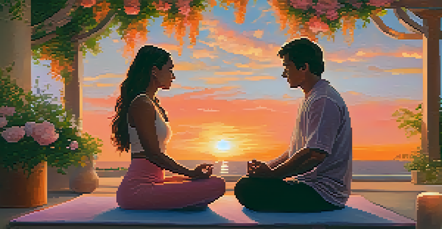 A couple practicing synchronized breathwork outdoors at sunset, surrounded by flowers and a lush garden.