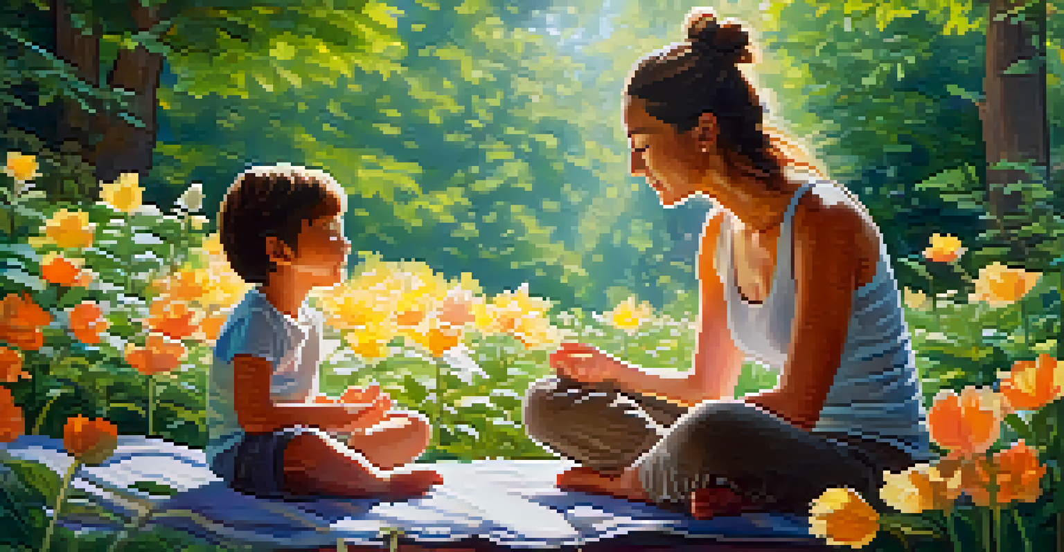 A parent and child practicing mindful breathing together in a peaceful outdoor setting filled with greenery.