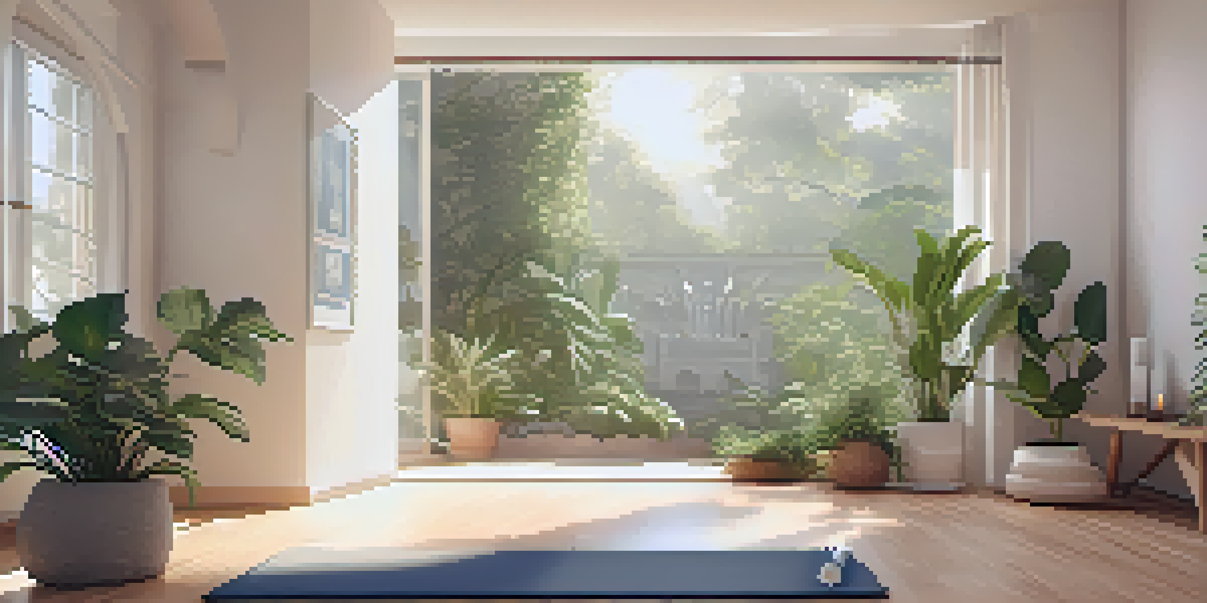 An inviting indoor space set up for breathwork practice, with a yoga mat, plants, and soft lighting, promoting relaxation and mindfulness.