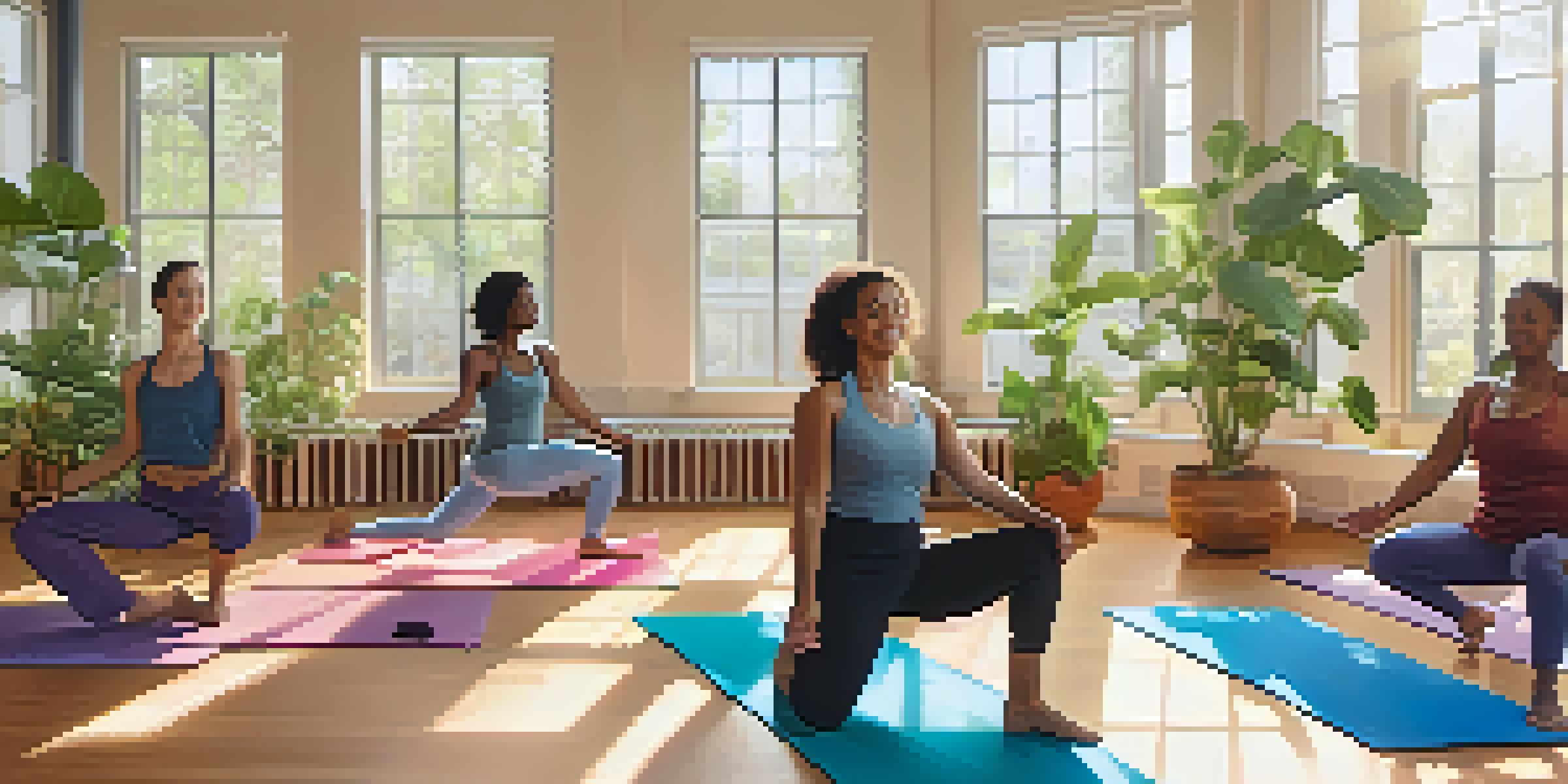 A diverse group of individuals practicing yoga in a bright community center, led by a woman of color. The space is filled with plants and natural light, creating a warm atmosphere.
