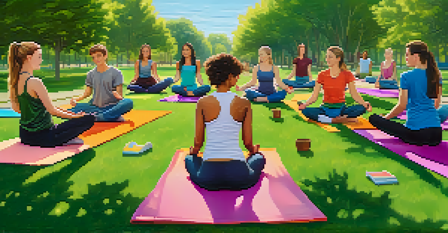 A group of teenagers practicing Cat-Cow pose in an outdoor park, surrounded by green grass and a clear blue sky, creating a sense of community.