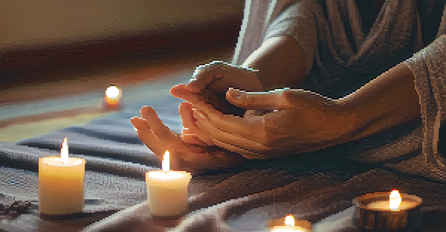 Close-up of hands in a yoga mudra on a mat, with a candle glowing softly in the background.