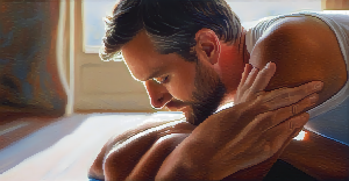 Close-up of an expectant father's hands supporting his partner's back during a yoga pose, showcasing tenderness and care.