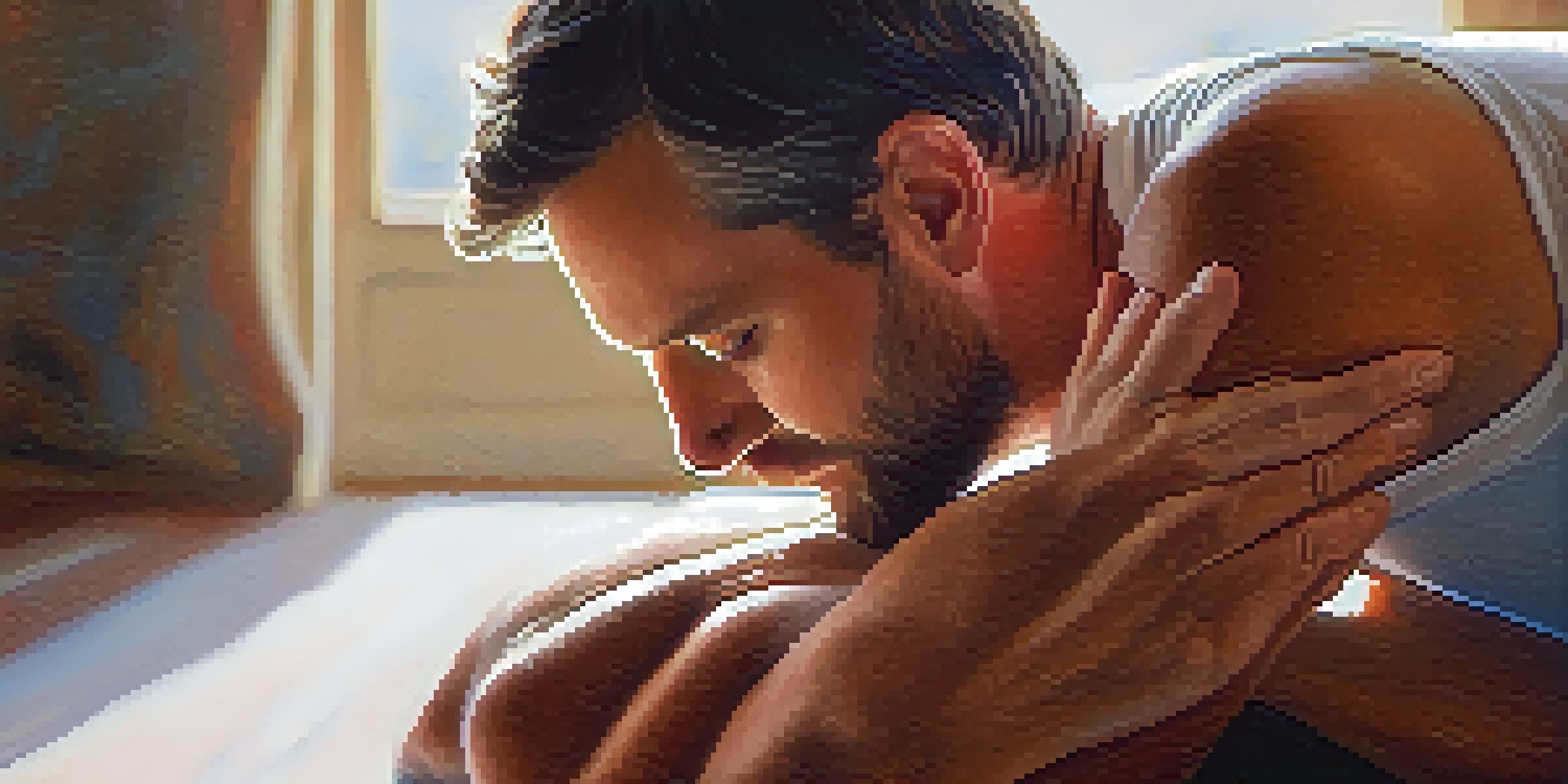 Close-up of an expectant father's hands supporting his partner's back during a yoga pose, showcasing tenderness and care.