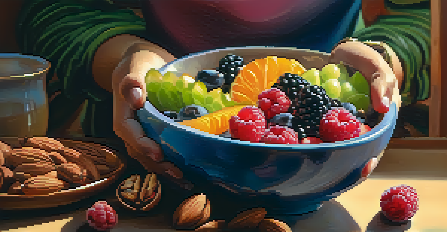 A close-up of hands holding a bowl of fresh fruits and nuts, emphasizing mindful eating.