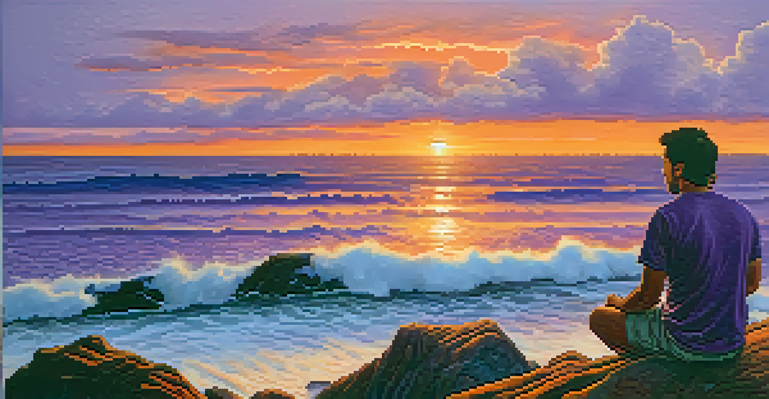A man practicing Ujjayi breathing on a cliff at sunset, with the ocean in the background and a colorful sky.