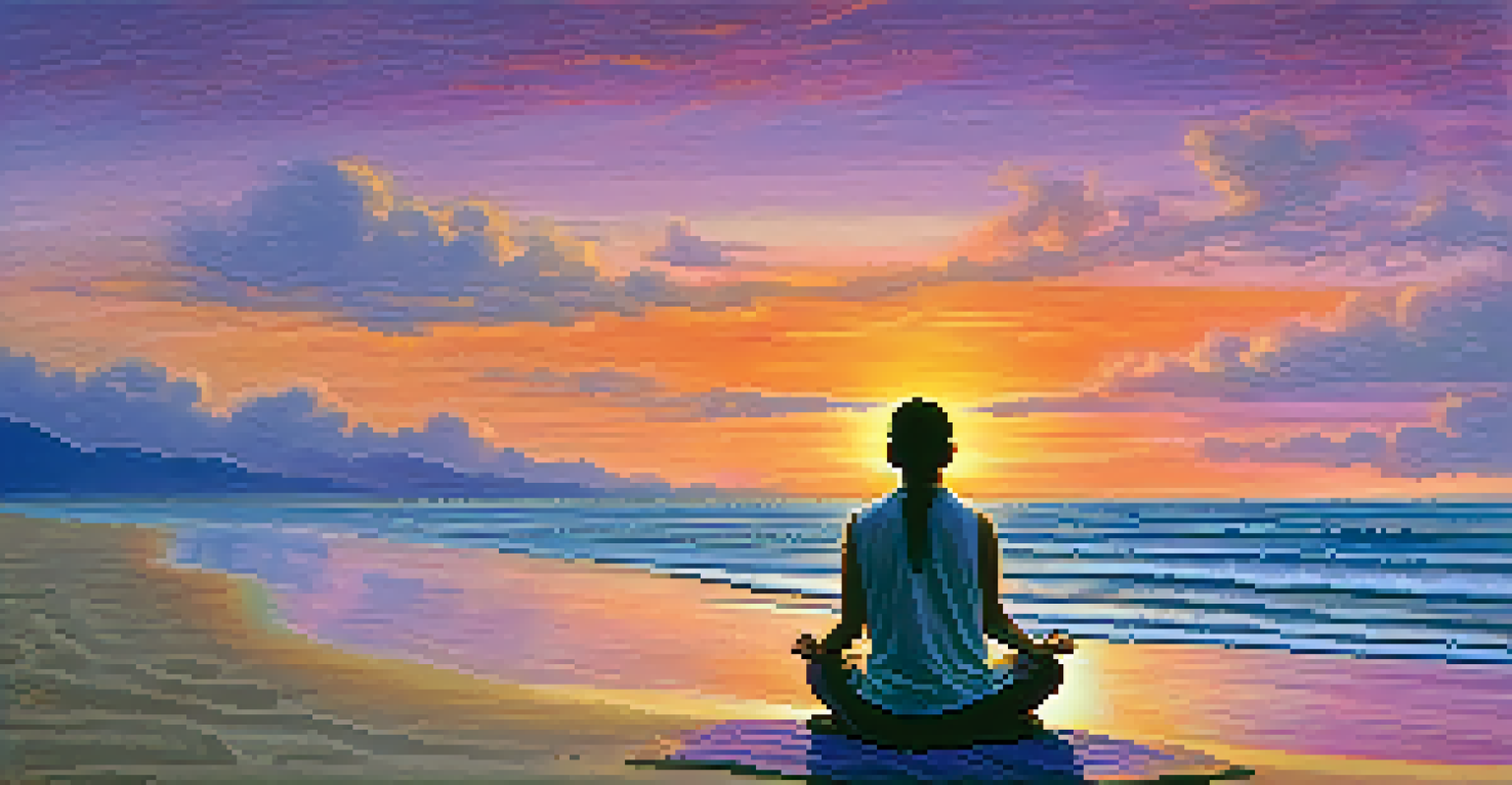 A person meditating on a beach at sunset, surrounded by vibrant colors of the sky and ocean.
