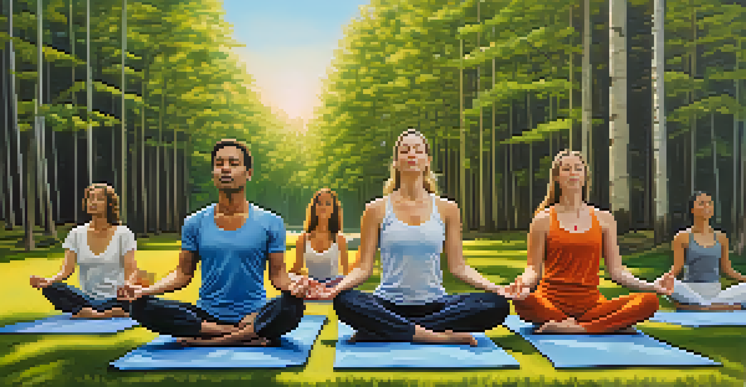 People meditating outdoors with trees and a blue sky in the background, creating a sense of calm.