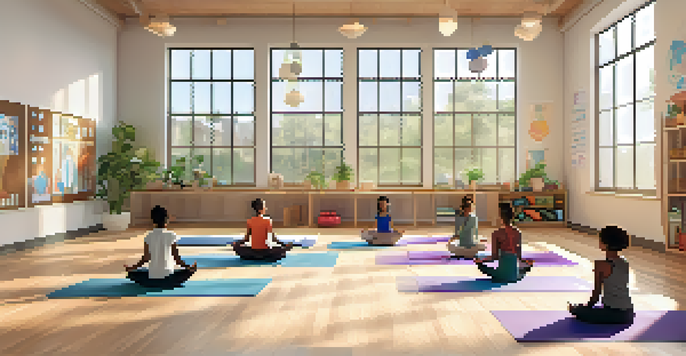 A peaceful classroom with yoga mats and students practicing yoga poses, surrounded by plants and artwork.