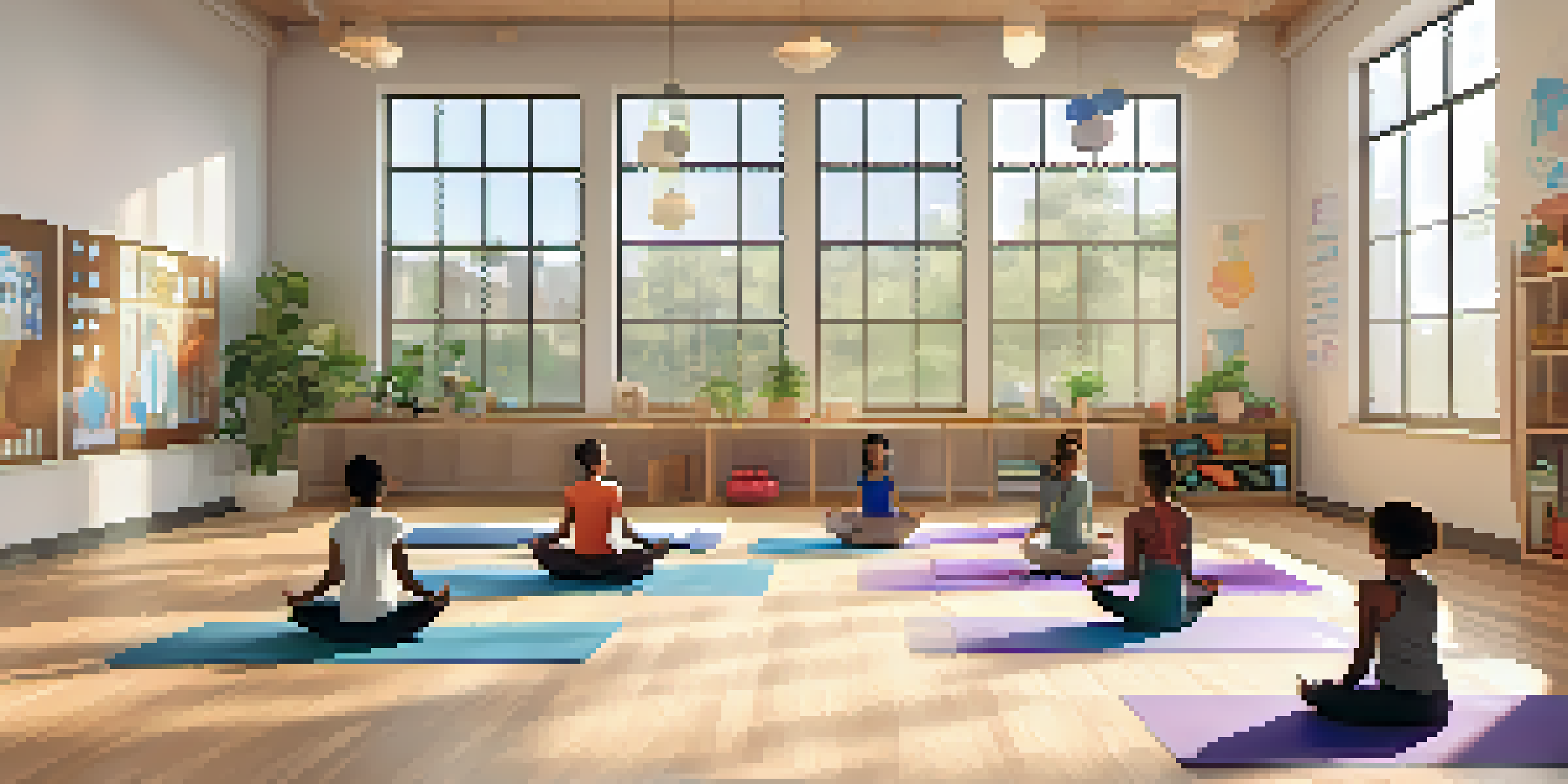 A peaceful classroom with yoga mats and students practicing yoga poses, surrounded by plants and artwork.