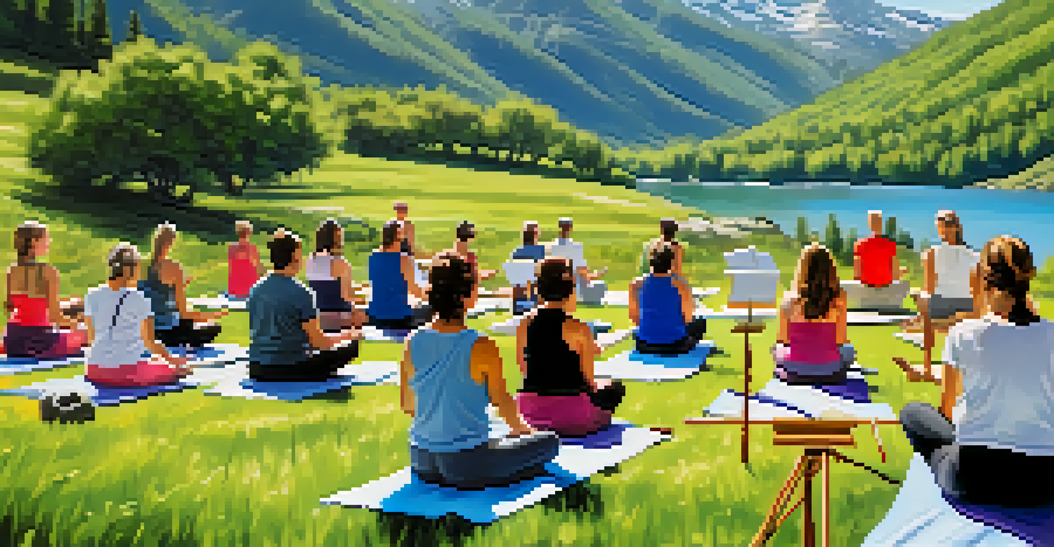 Artists painting outdoors with easels, set against a picturesque mountain landscape under a blue sky.