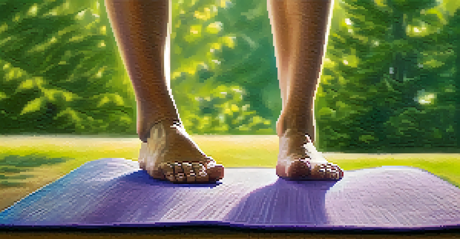 Close-up of an athlete's feet in Tree Pose on a yoga mat, surrounded by soft-focus greenery and flowers.