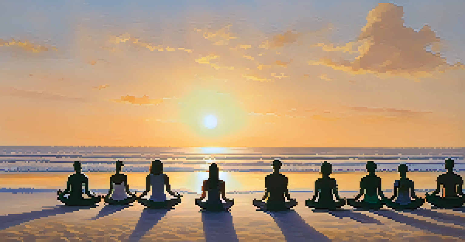 Yoga participants meditating on a beach at sunrise, with golden light reflecting on the water, creating a serene atmosphere.