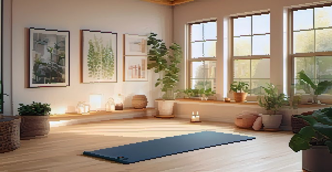 A calming yoga space at home with pastel colors, plants, and a yoga mat, illuminated by warm sunlight.