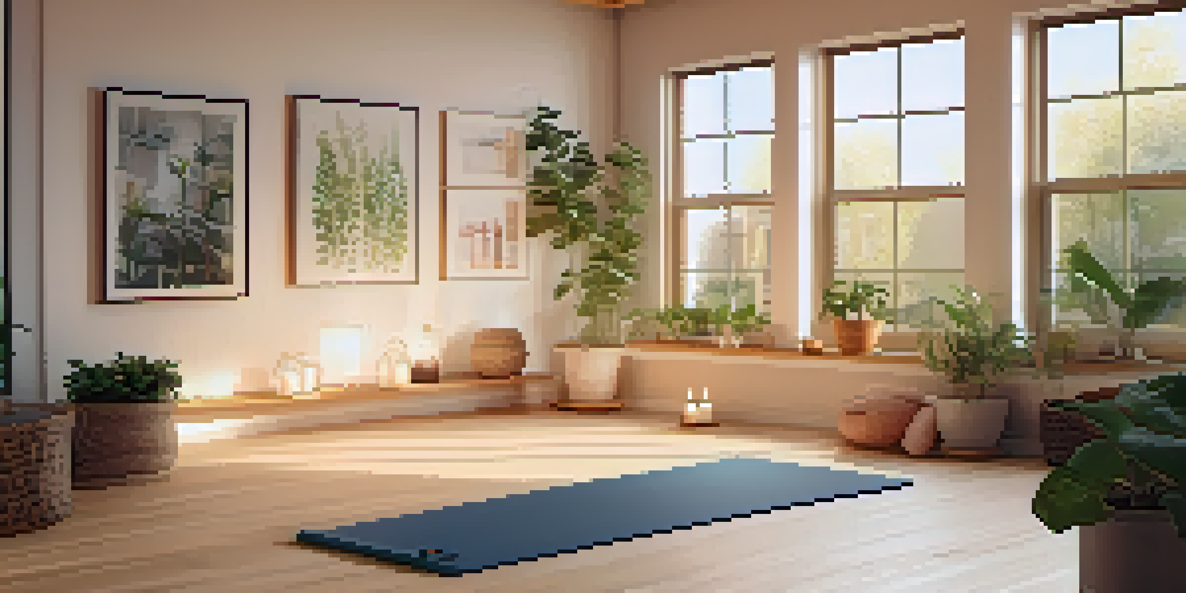 A calming yoga space at home with pastel colors, plants, and a yoga mat, illuminated by warm sunlight.