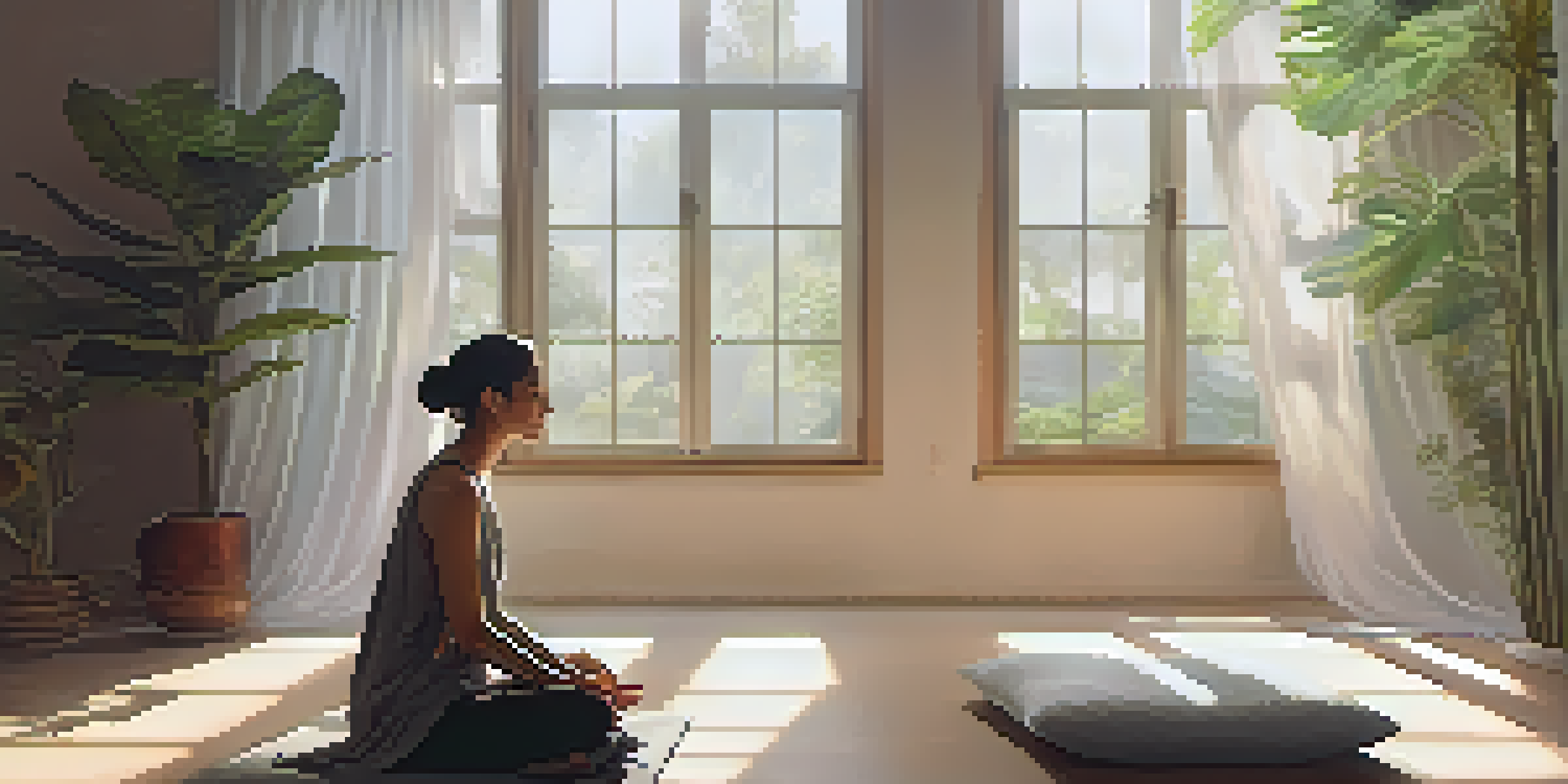 A person meditating in a peaceful room, surrounded by plants and bathed in soft sunlight.