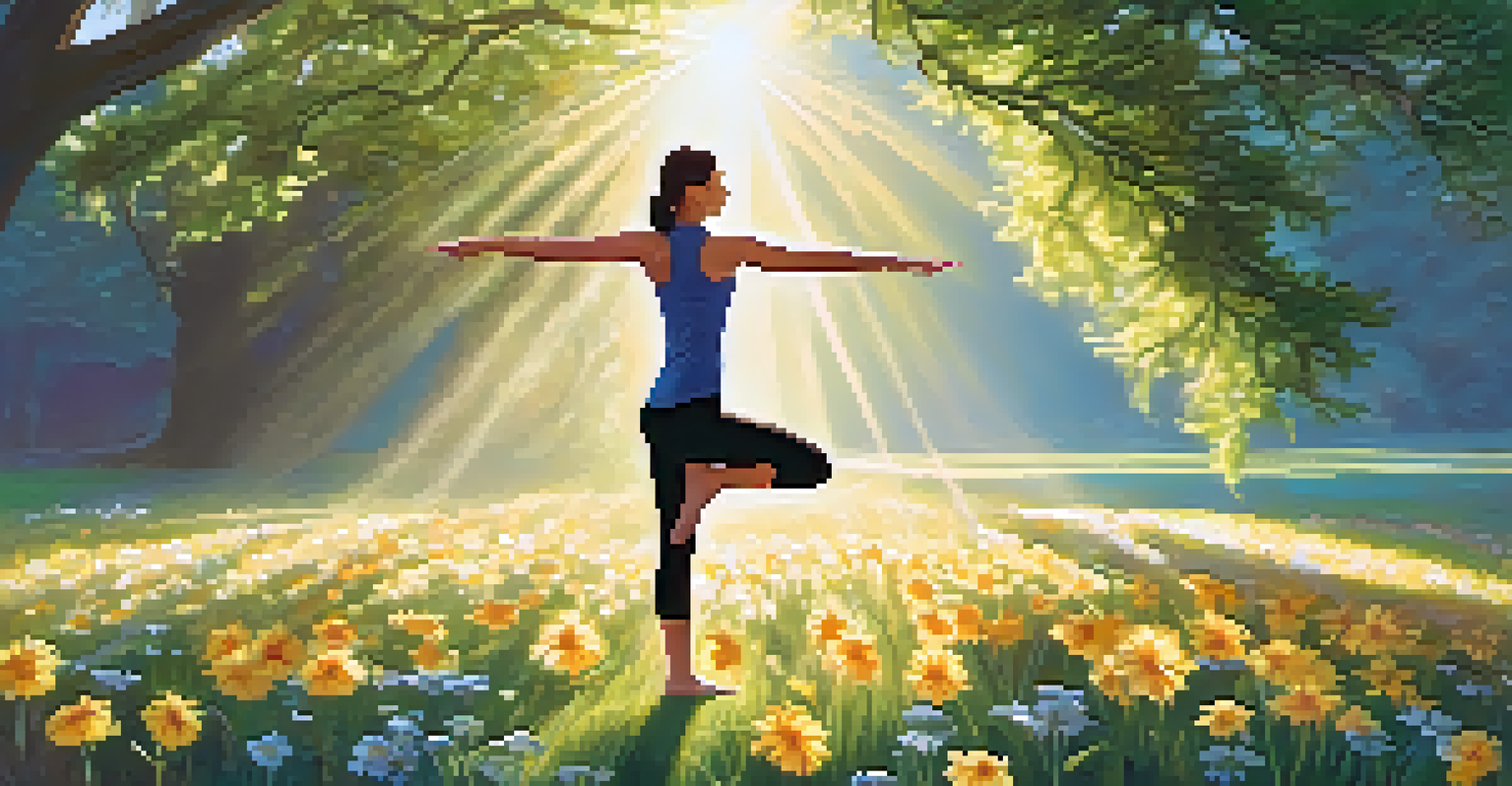 A person performing a Sun Salutation in a sunlit park, surrounded by greenery and flowers, showcasing the uplifting energy of yoga.
