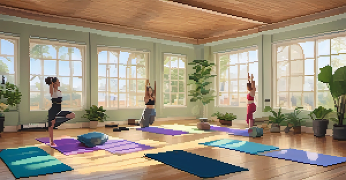 A peaceful yoga studio with diverse individuals practicing yoga on colorful mats, illuminated by soft natural light.
