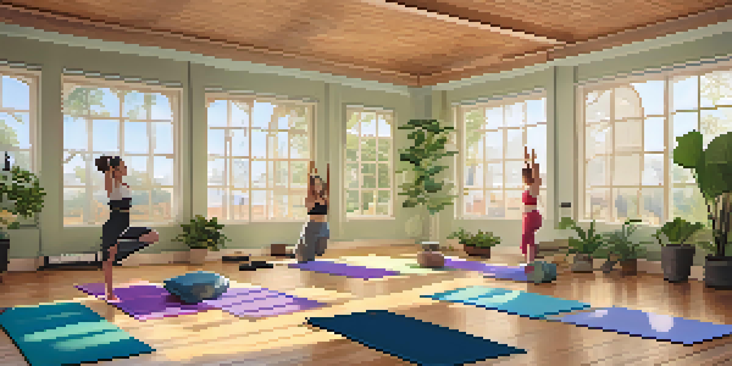A peaceful yoga studio with diverse individuals practicing yoga on colorful mats, illuminated by soft natural light.