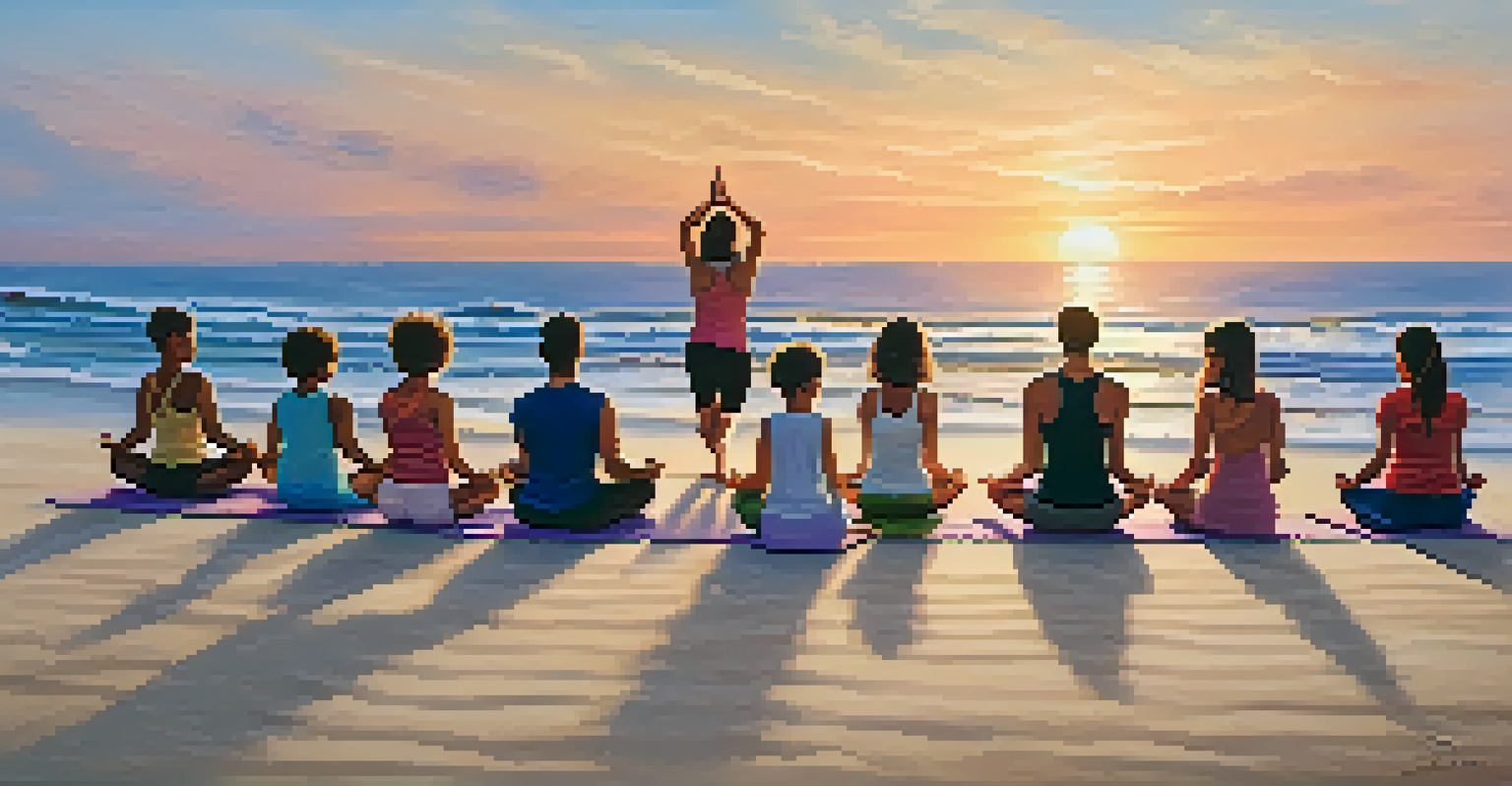 A family practicing yoga on the beach at sunset, with the ocean waves in the background.