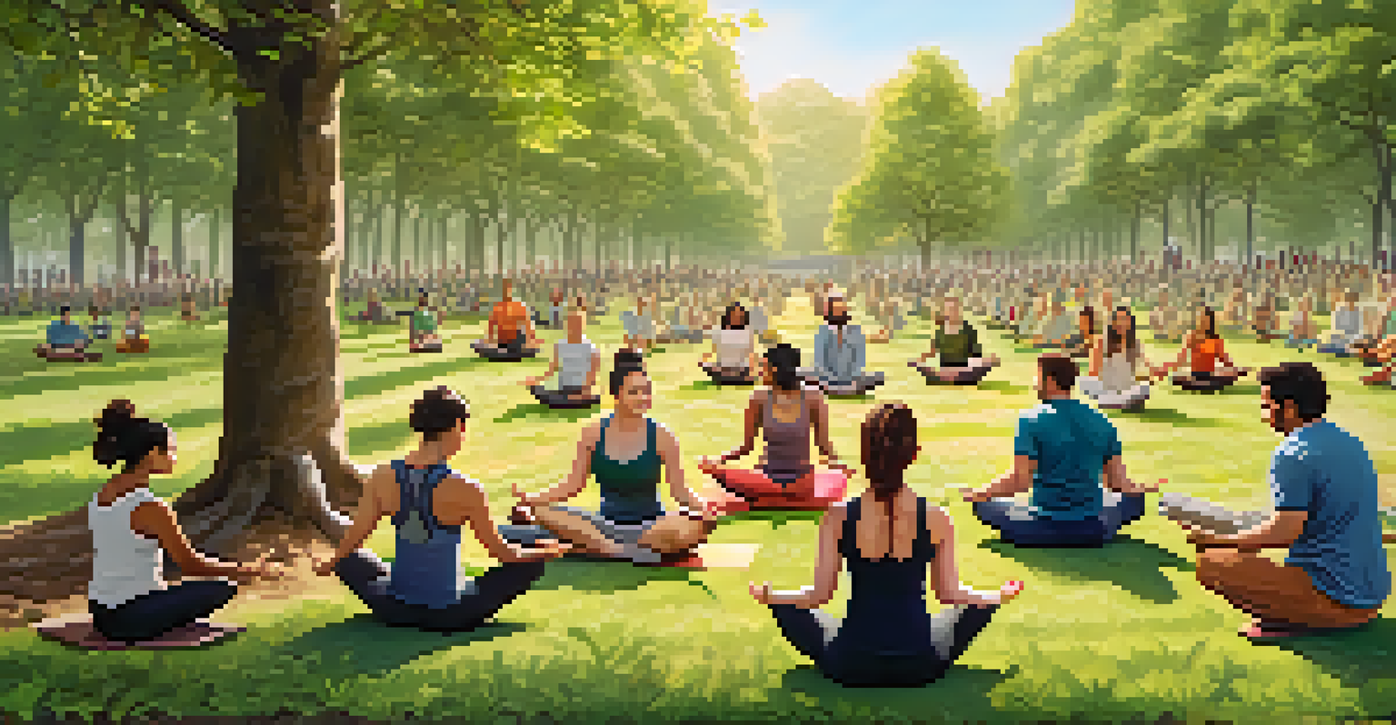 A diverse group of people practicing yoga while planting trees in a green park.