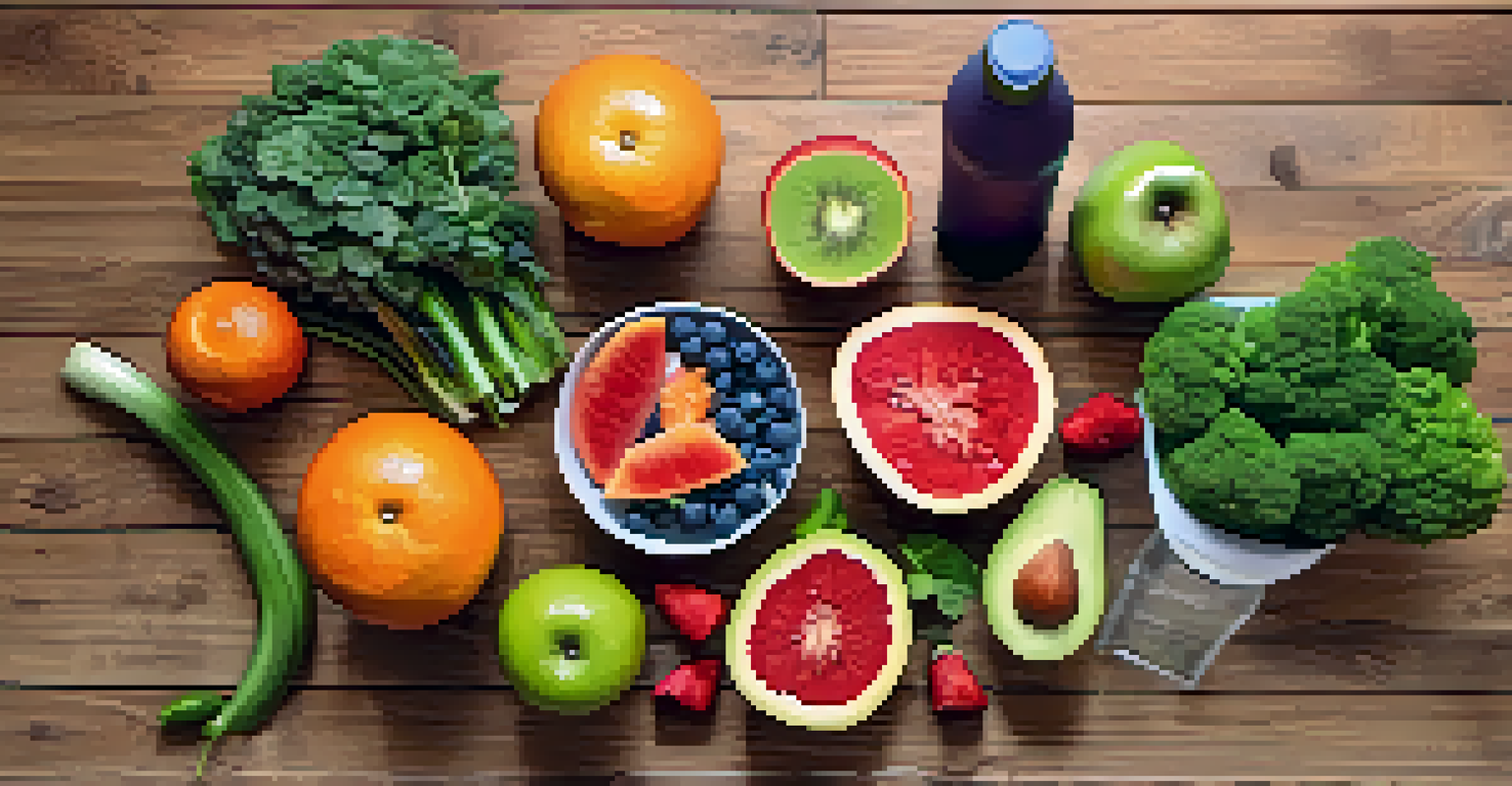An overhead view of a colorful healthy meal with fruits, vegetables, and a yoga mat.