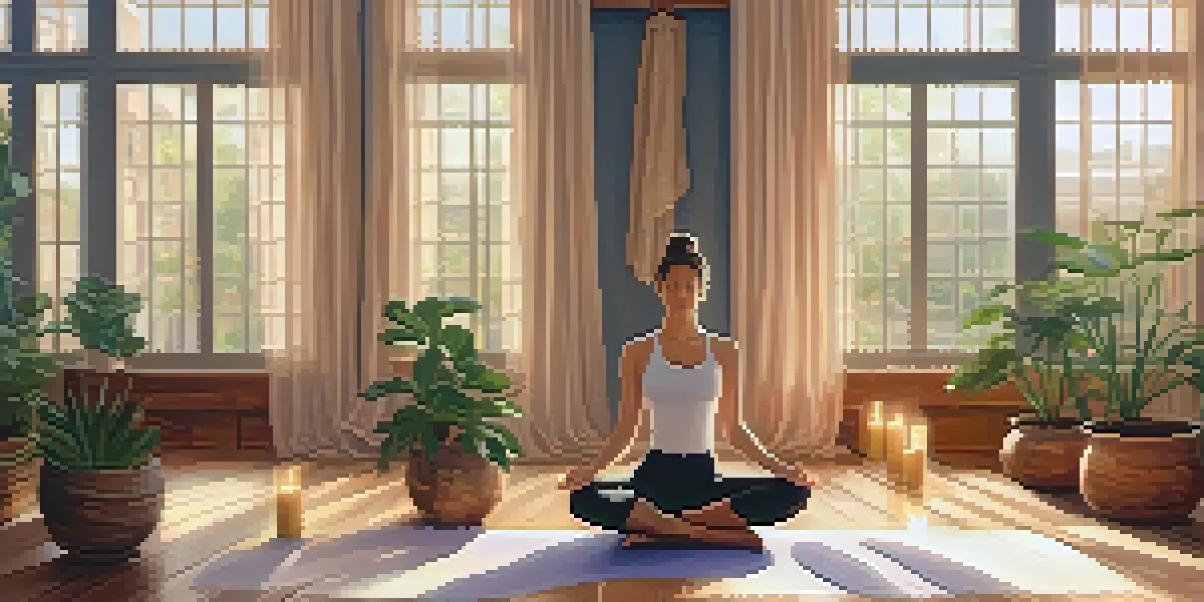 A person meditating in a peaceful yoga studio with warm lighting and plants.