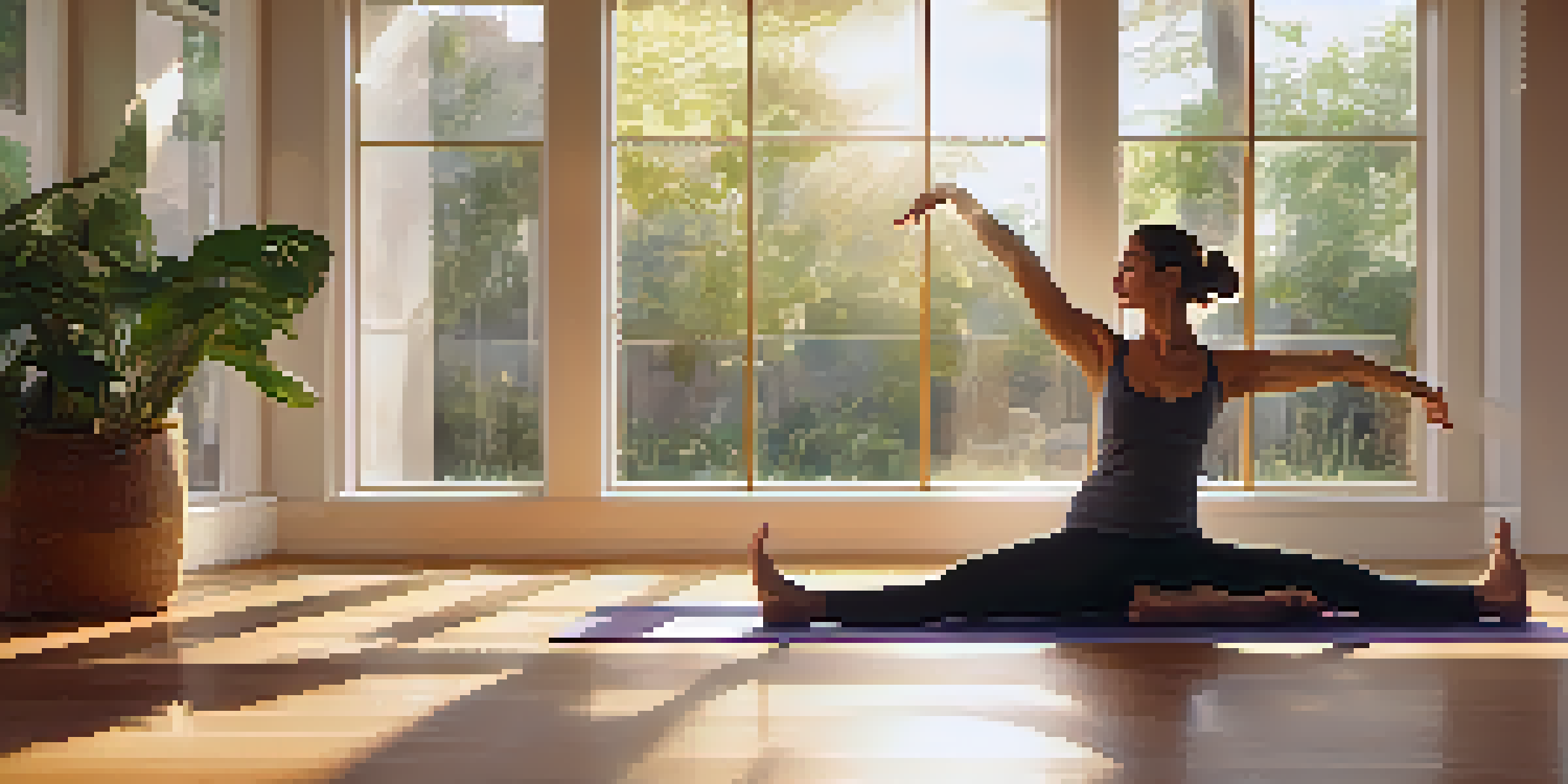 A person practicing a heart-opening yoga pose in a bright and serene yoga studio, surrounded by plants and soft colors.