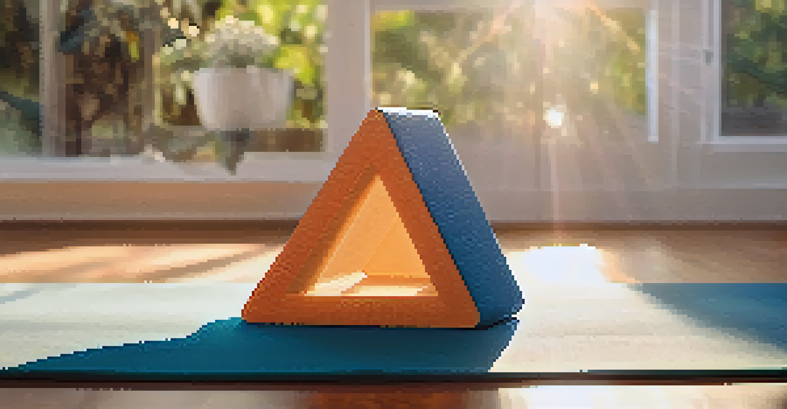 Close-up of a yoga block under a person's hand in a Triangle pose, with sunlight creating soft shadows.