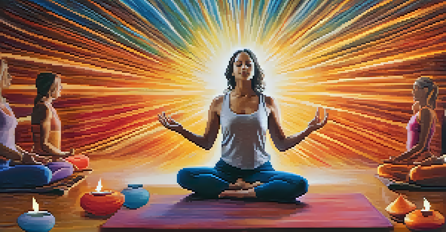 An artistic image showing a person in a yoga pose with colorful sound waves from singing bowls in the background.
