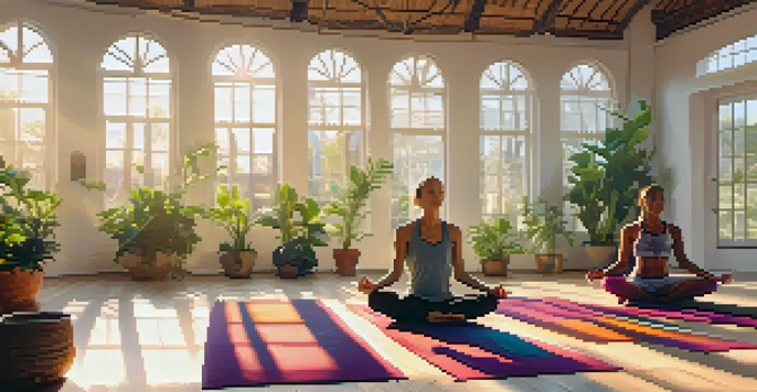 A peaceful yoga studio with diverse practitioners meditating, surrounded by plants and cushions, illuminated by soft sunlight.