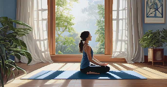 A person practicing Child's Pose in a sunlit room, surrounded by plants and gentle colors.