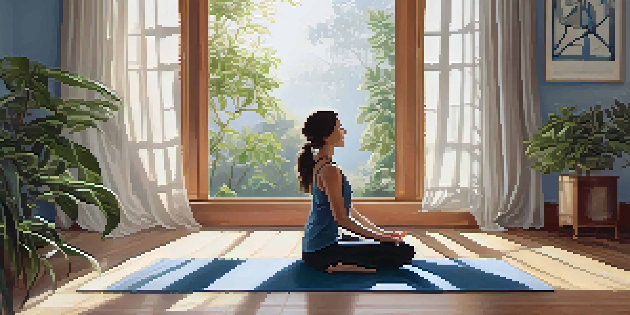 A person practicing Child's Pose in a sunlit room, surrounded by plants and gentle colors.