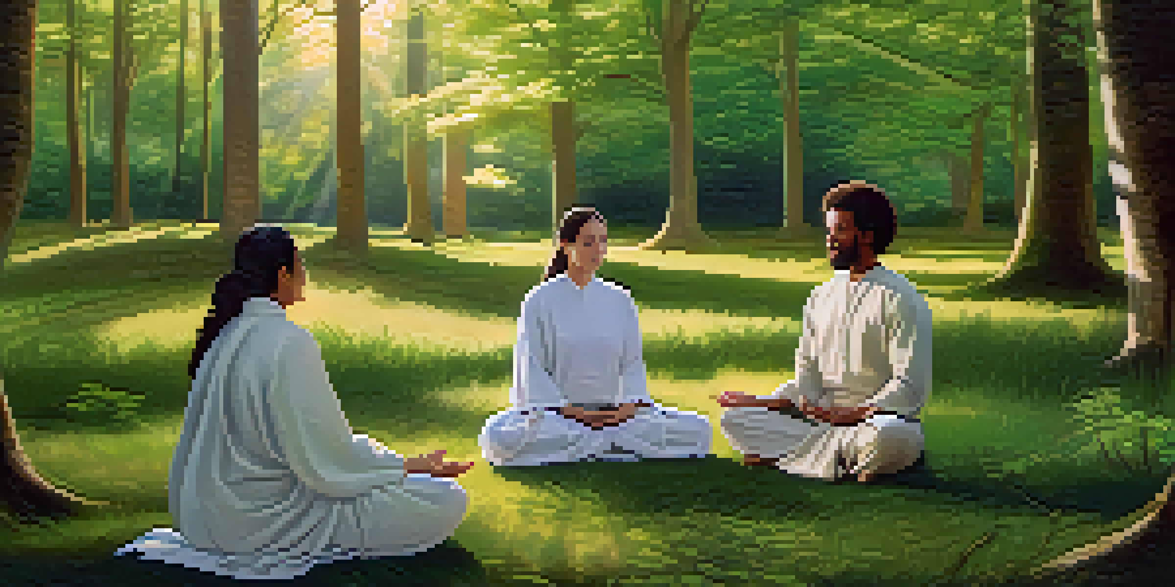 A diverse group of leaders meditating in a peaceful forest, surrounded by greenery and sunlight.