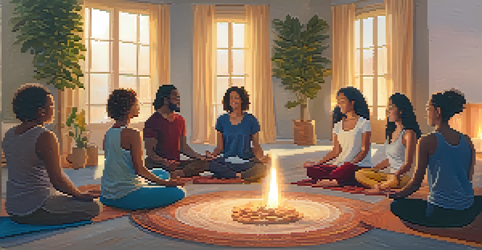 A supportive group of diverse individuals sitting in a circle sharing yoga experiences in a cozy setting.