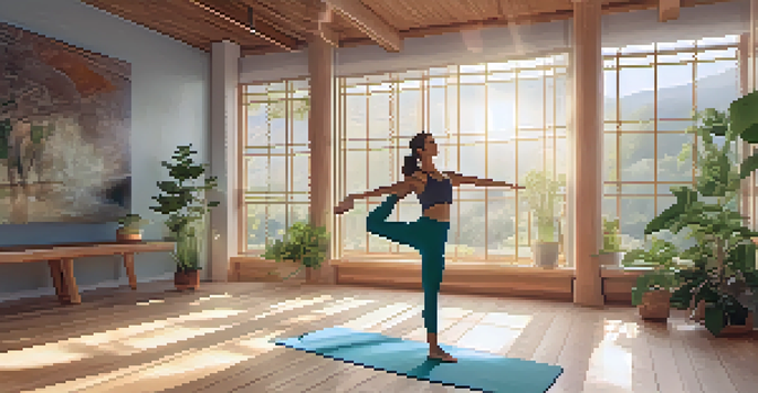 A peaceful yoga studio with a person in Mountain Pose, surrounded by plants and soft sunlight.