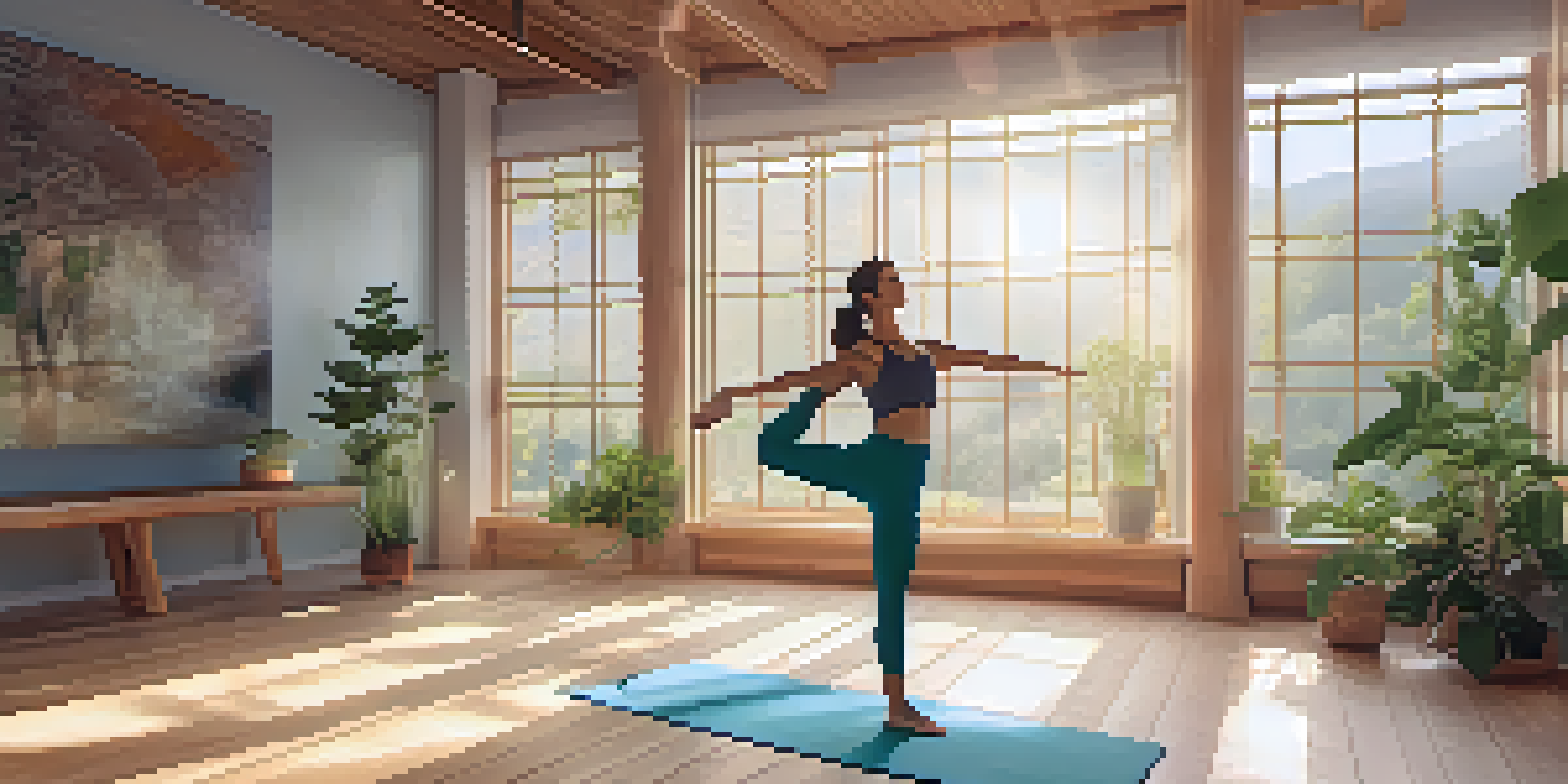 A peaceful yoga studio with a person in Mountain Pose, surrounded by plants and soft sunlight.