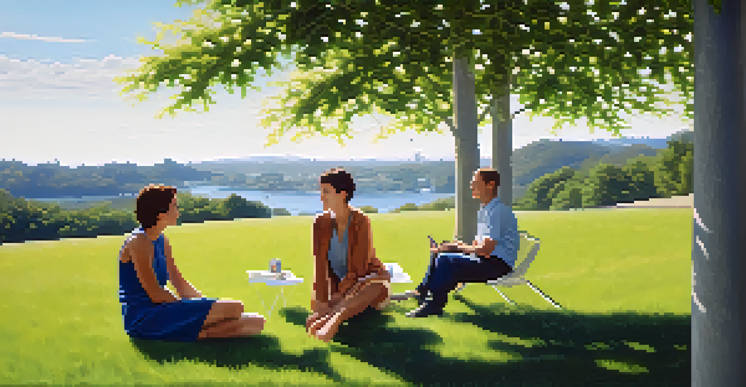 Two individuals having a heartfelt conversation outdoors on a grassy area, surrounded by greenery and a clear blue sky, symbolizing empathy and connection.