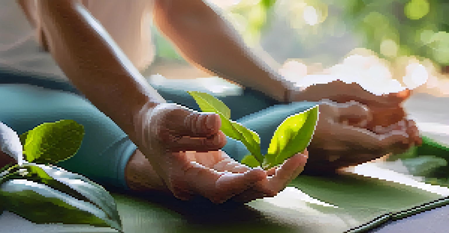 Close-up of hands in meditation on a yoga mat, surrounded by soft green foliage.