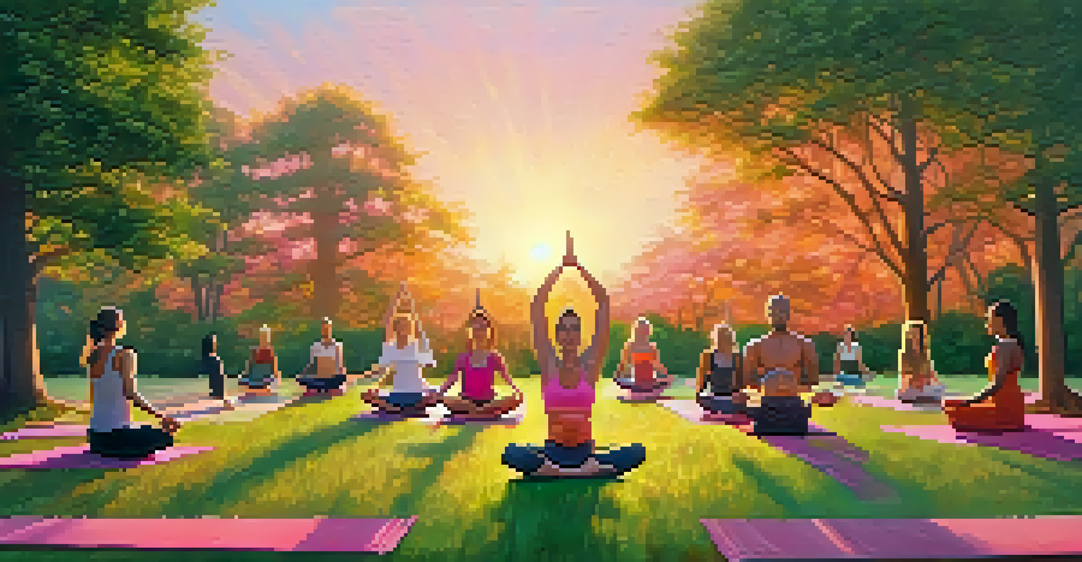 A group of people practicing yoga in a park at sunset, surrounded by nature.