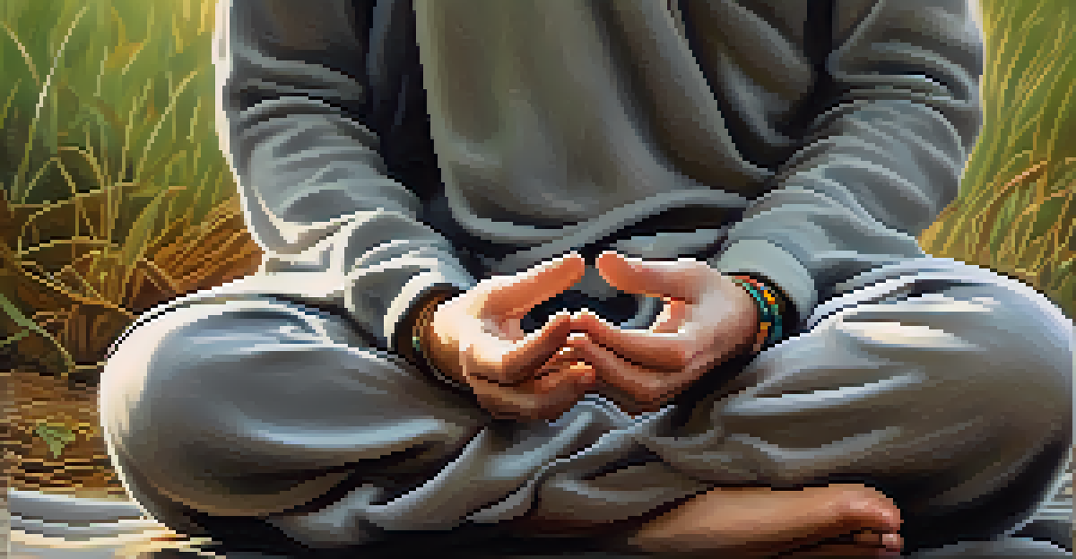 Close-up of a person's hands in a mudra position during meditation, with a blurred peaceful nature background.