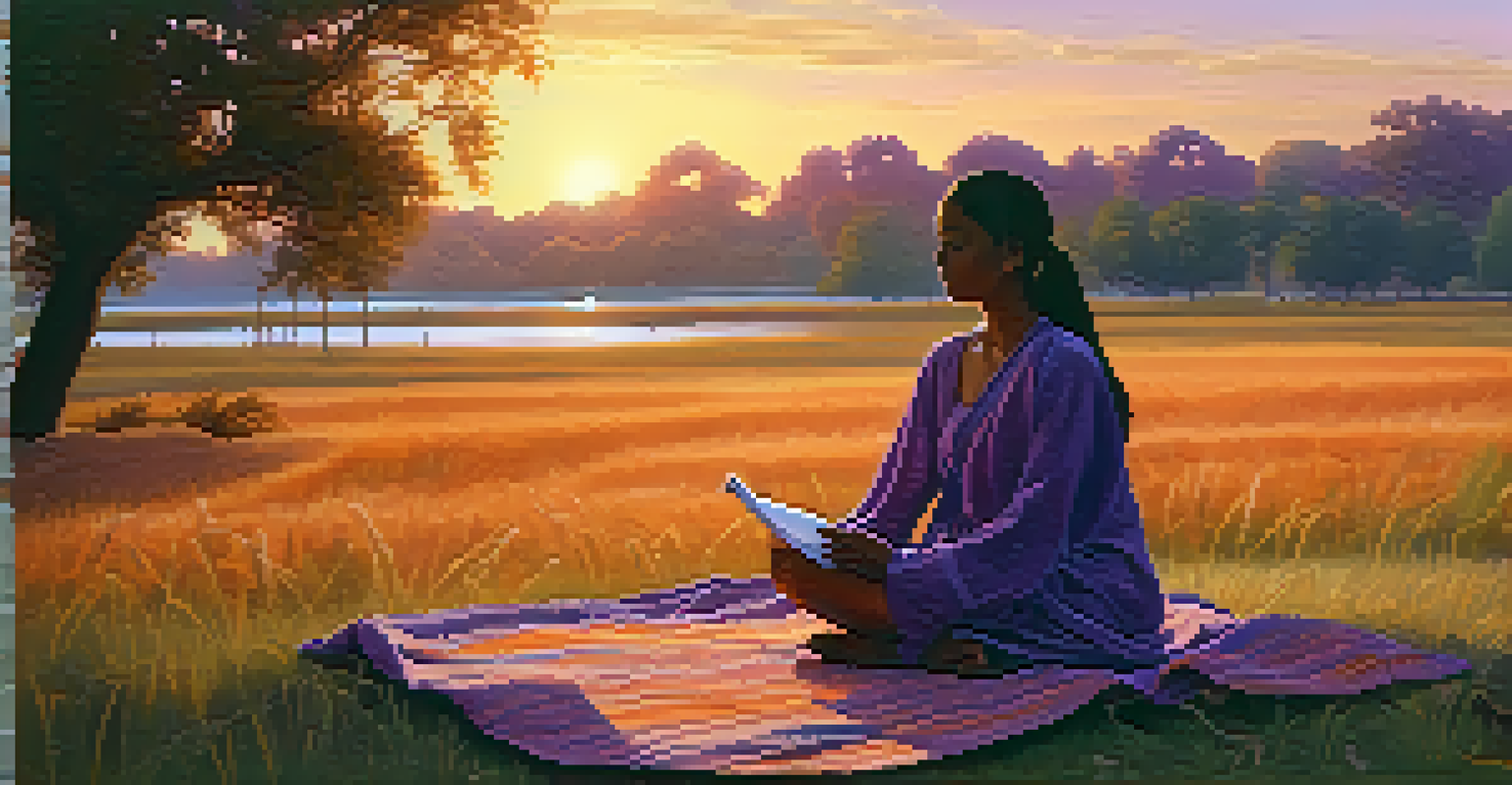 A person practicing alternate nostril breathing in a park at sunset, surrounded by grass and a colorful sky.