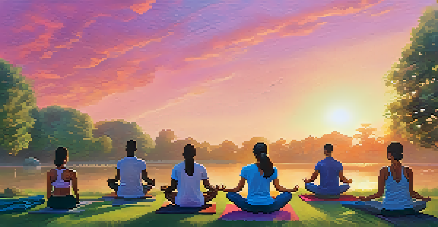Diverse group of people practicing yoga in a park at sunset, surrounded by greenery and colorful skies, representing community and nature.