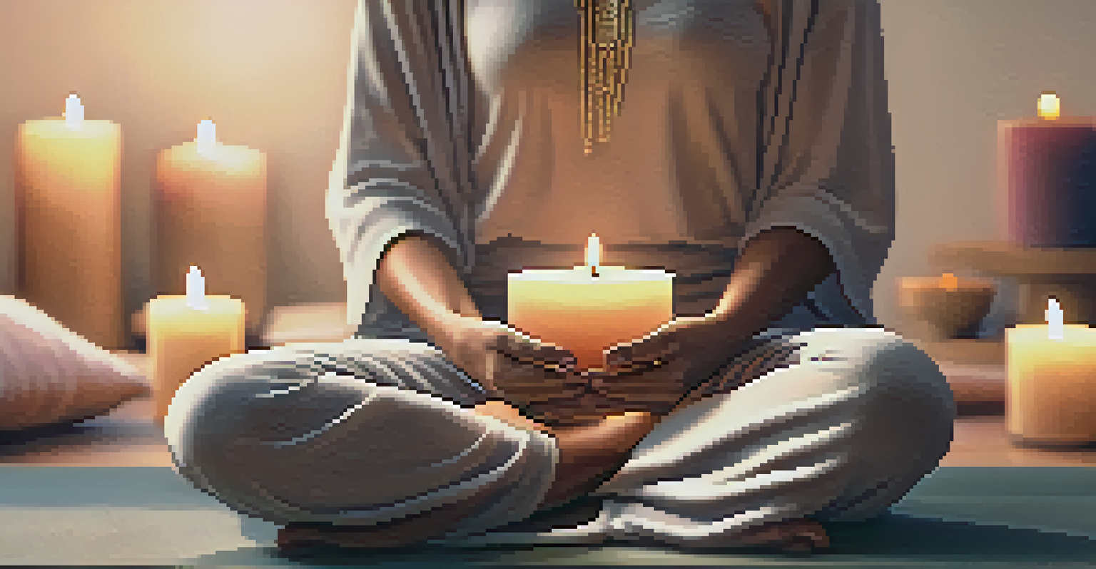 Close-up of a person's hands in a meditative gesture, with a blurred background of candles and incense.