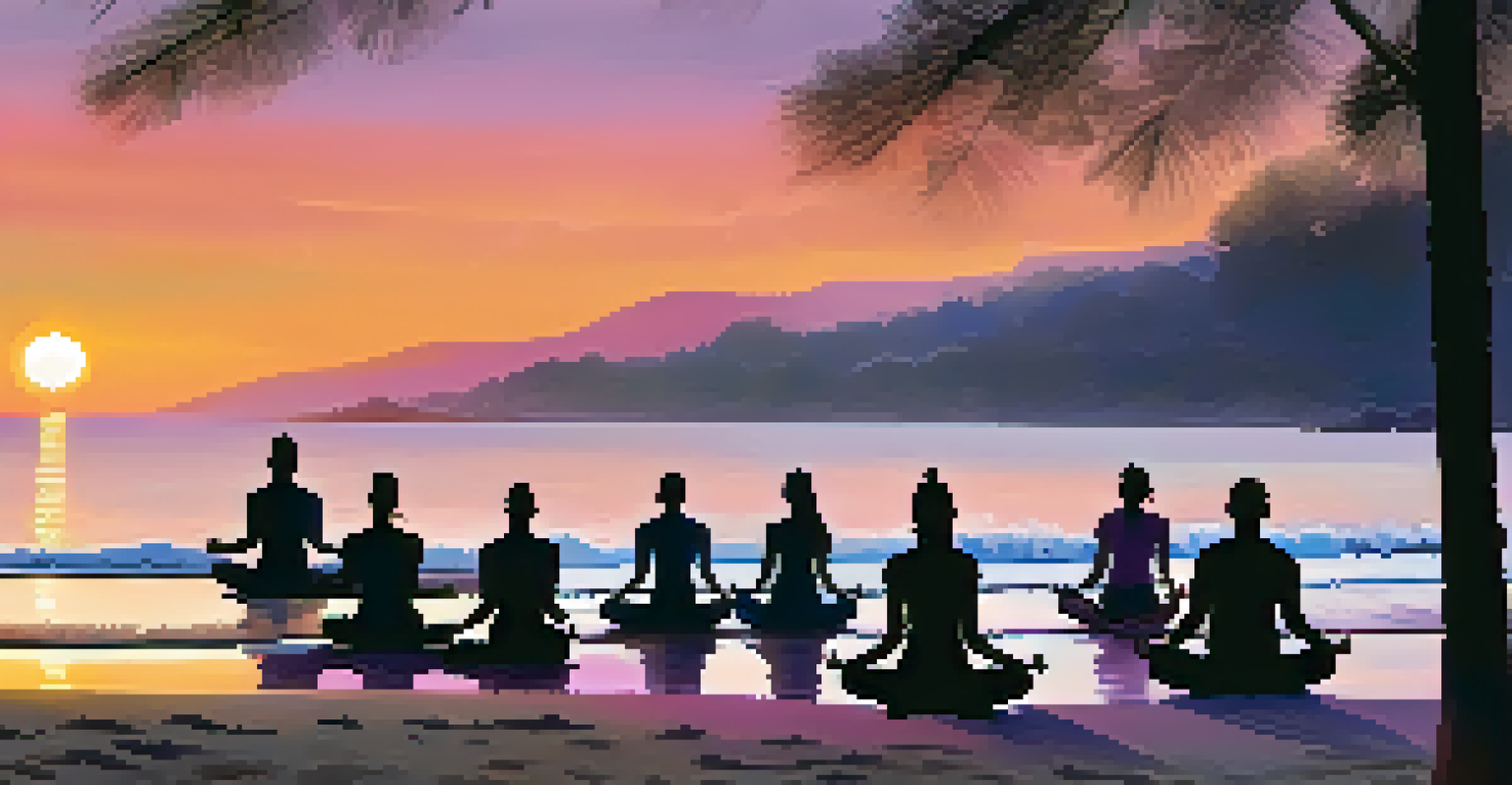 Participants in tree pose at sunrise on a beach, silhouetted against a colorful sky, creating a sense of unity with nature.