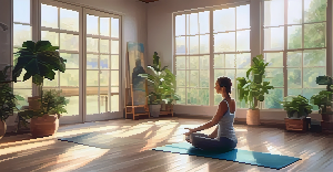 A peaceful yoga studio with natural light, plants, and a person practicing yoga while a glass of water sits on a table.