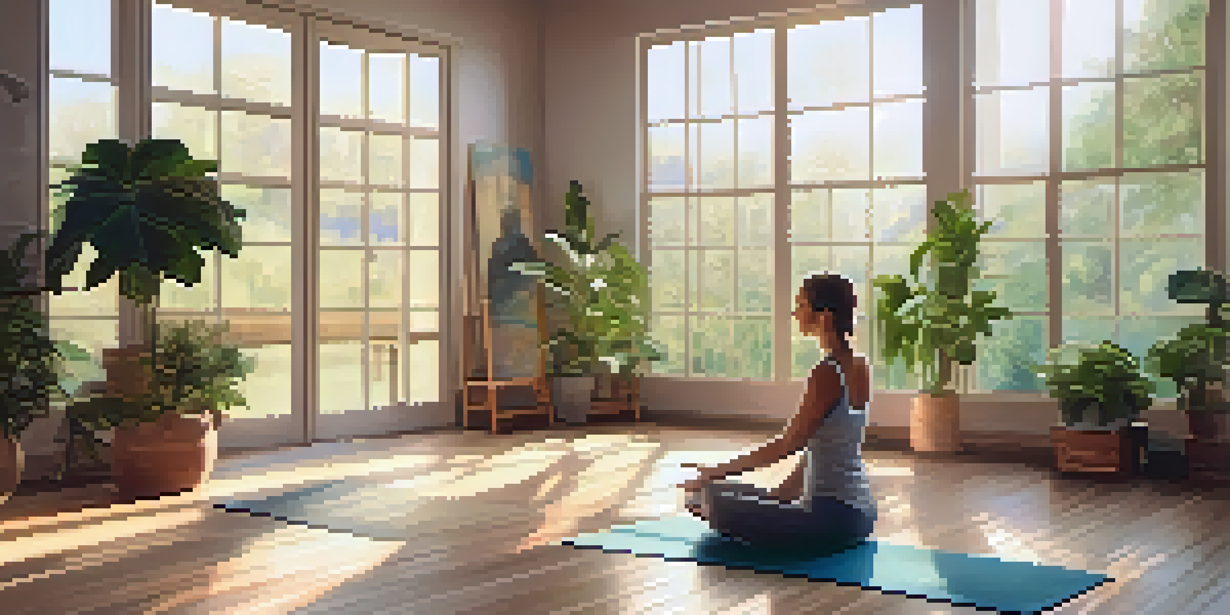 A peaceful yoga studio with natural light, plants, and a person practicing yoga while a glass of water sits on a table.