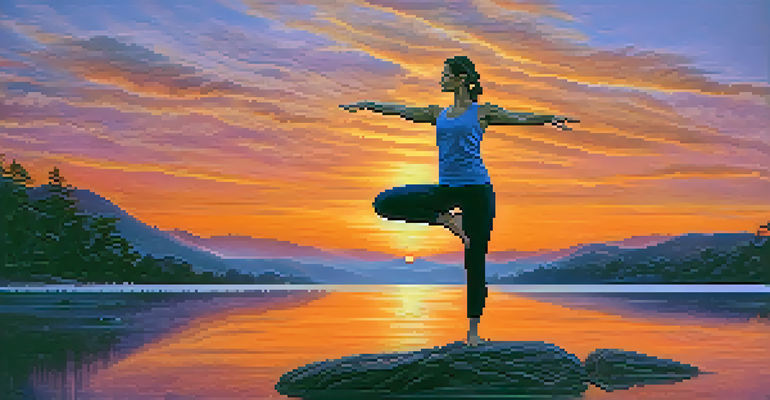A yoga practitioner in Warrior III pose during a beautiful sunset.